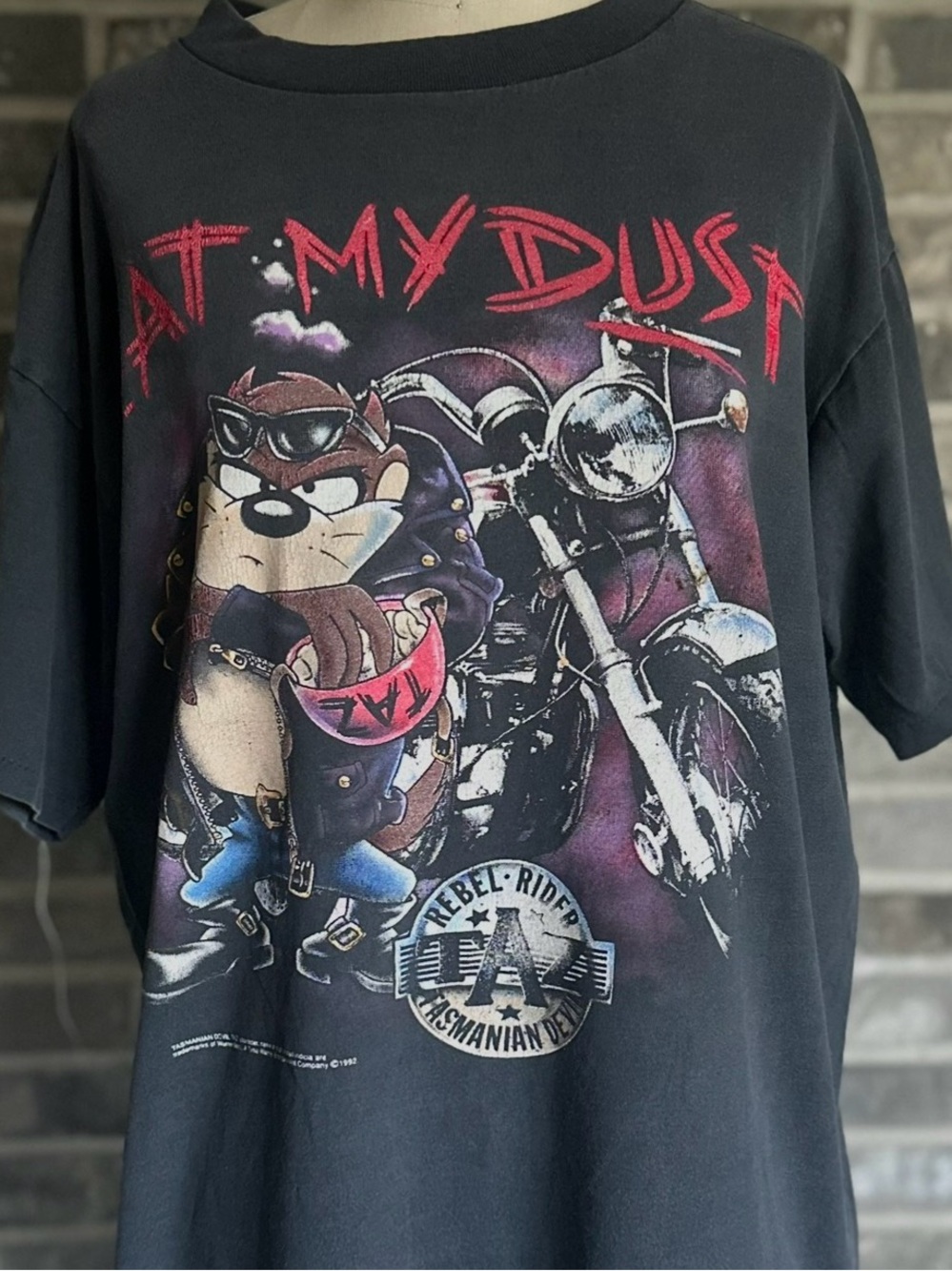 Vintage 1992 Single Stitch Taz Tasmanian Devil Eat My Dust Biker T Shirt USA L